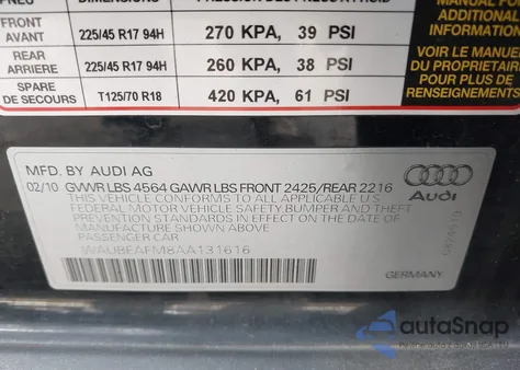 2010 Audi A3 2.0T Premium z USA, uszkodzony, nr VIN WAUBEAFM8AA131616